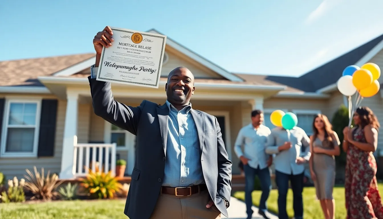 homeowner celebrating mortgage release outside their house with friends.