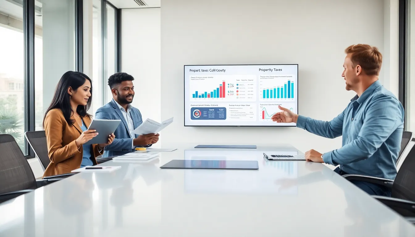 diverse team discussing property taxes in a modern office