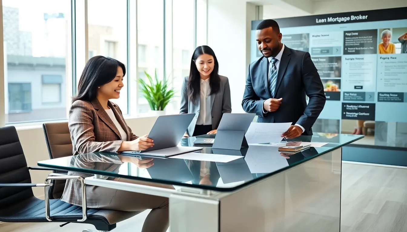 loan officer assisting clients in a modern office setting.
