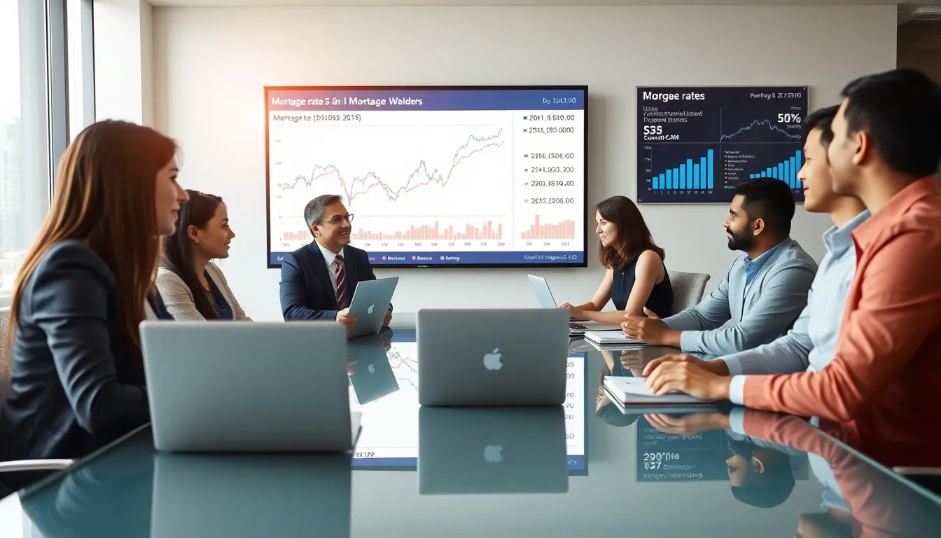 diverse team discussing USAA mortgage rates in a modern office.