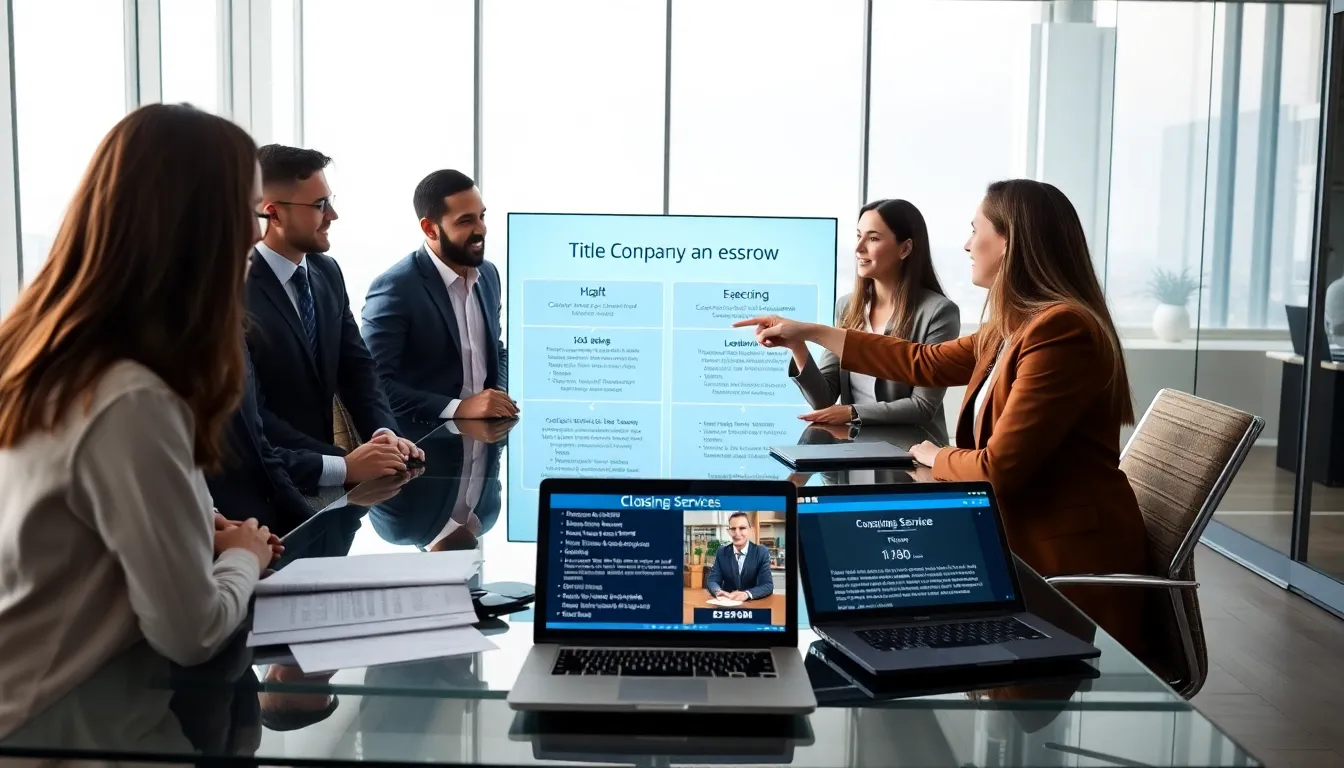 real estate professionals discussing title and escrow companies in a modern office.