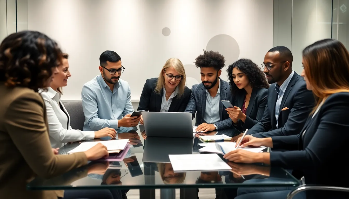 diverse professionals discussing title insurance and escrow in an office.
