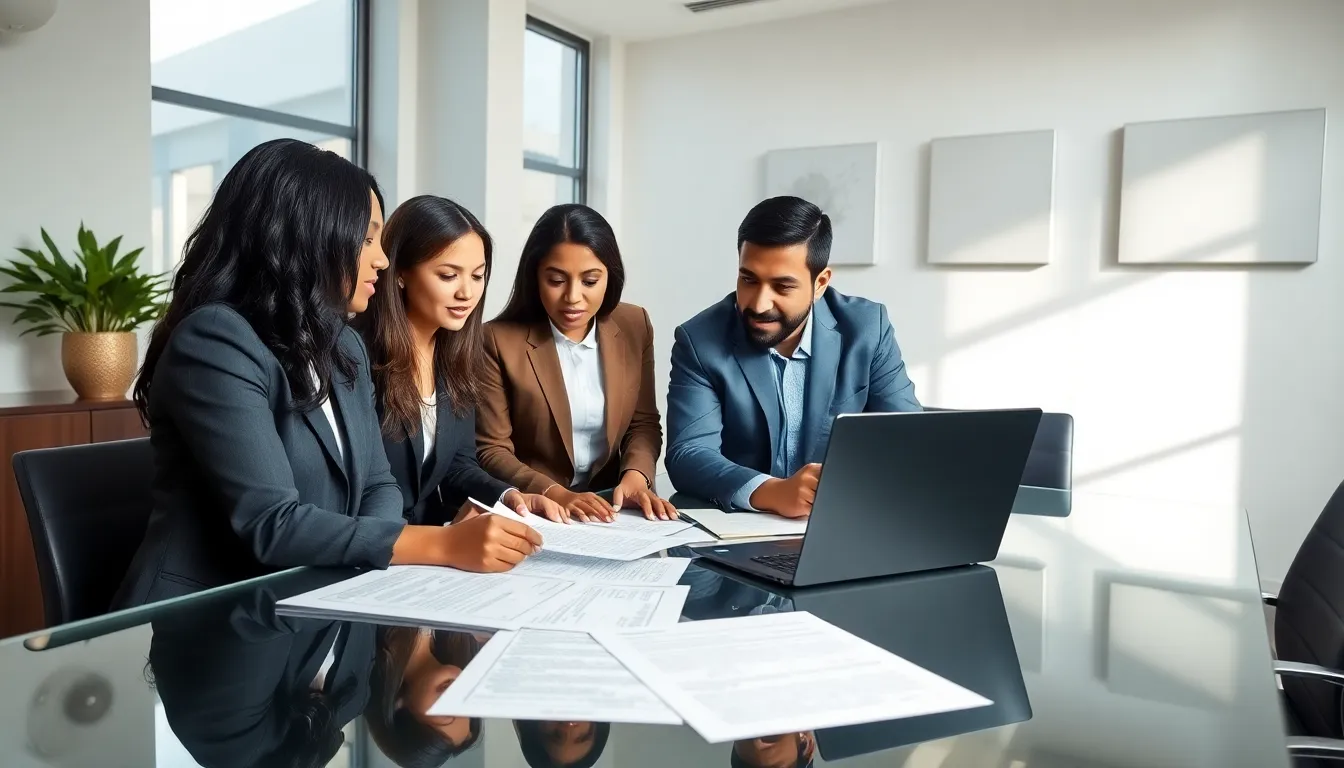 diverse team discussing title and escrow services in a modern office.