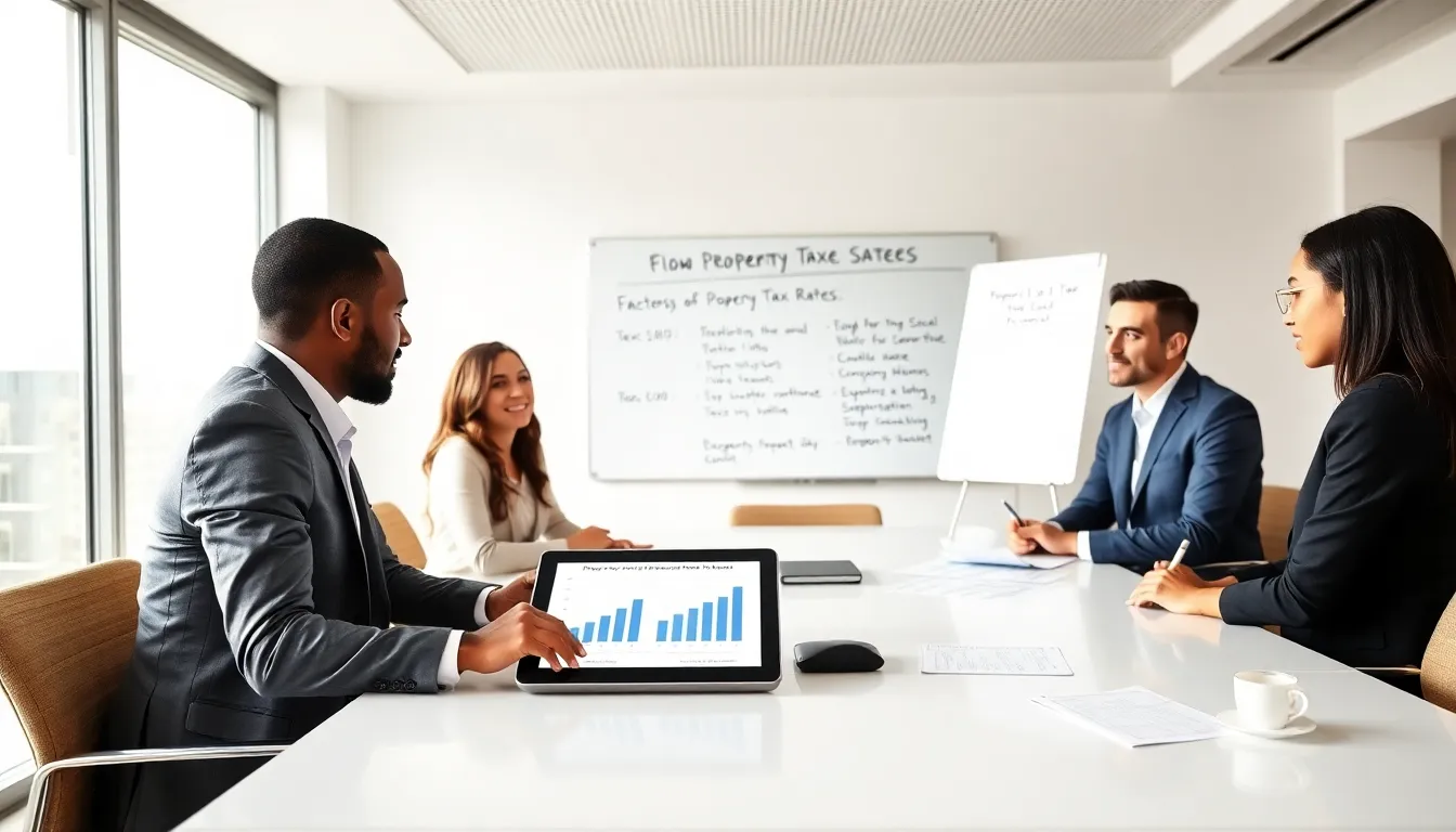 diverse professionals discussing factors affecting property taxes.